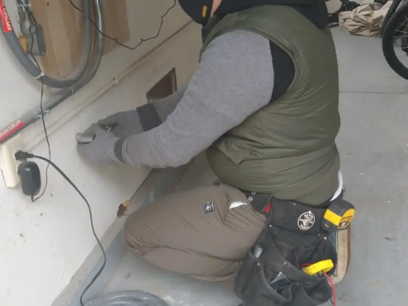 Electrician performing outlet wiring in a Green Oaks garage